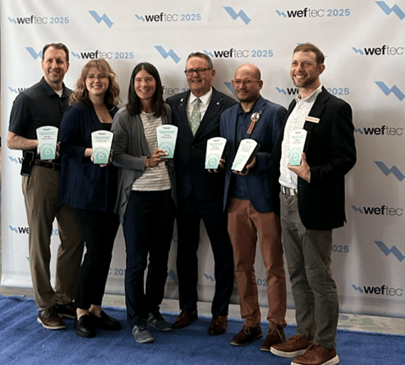 WEF 2025 Rudolfs Industrial Waste Management Medal recipients, including 374Water's Sunny and David (second from right and far right).